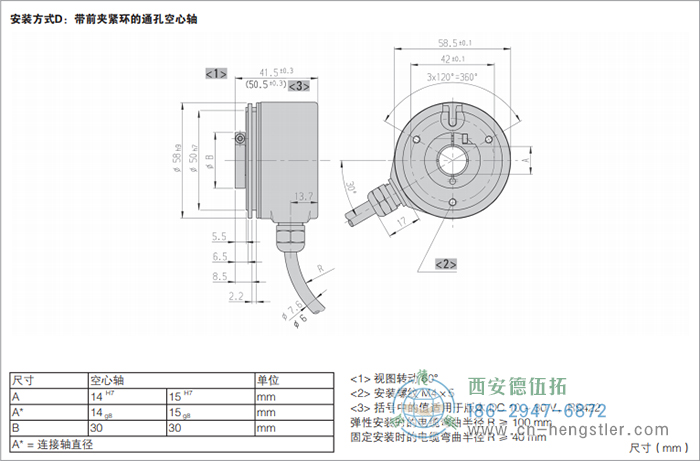 RI58-G/RI58-TG標準空心軸光電增量編碼器的外形及安裝尺寸(安裝方式D：帶前夾緊環(huán)的通孔空心軸) 德國hengstler(亨士樂)編碼器