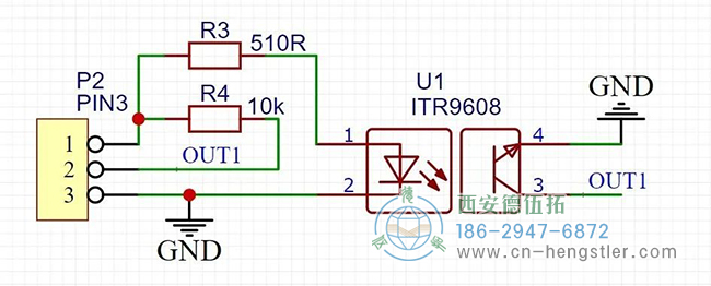 ITR9608是一種常見的對射式光電開關(guān)，加兩個電阻就可以使用了，設(shè)計了簡單的原理圖