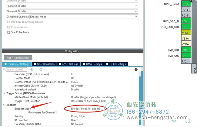 配置一下編碼模式，選擇“……TI1 and TI2”，這樣就會上升下降沿都計數(shù)，實際脈沖數(shù)數(shù)值上是柵格的4倍。